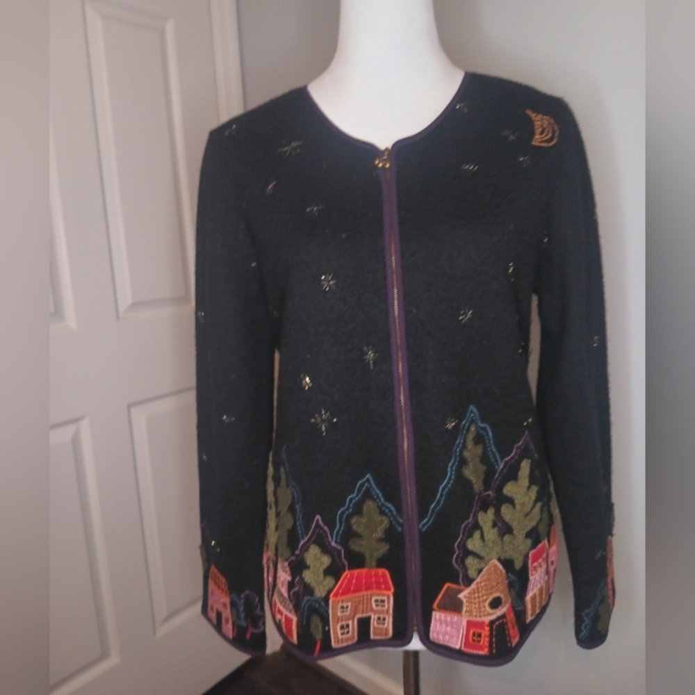 Northern Isles Holiday 2005 Wool Cardigan with Felt and Embroidery Details